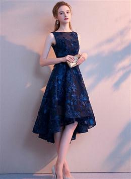 Picture of Navy Blue Lace High Low Round Neckline Party Dresses, Blue Prom Dresses Homecoming Dresses